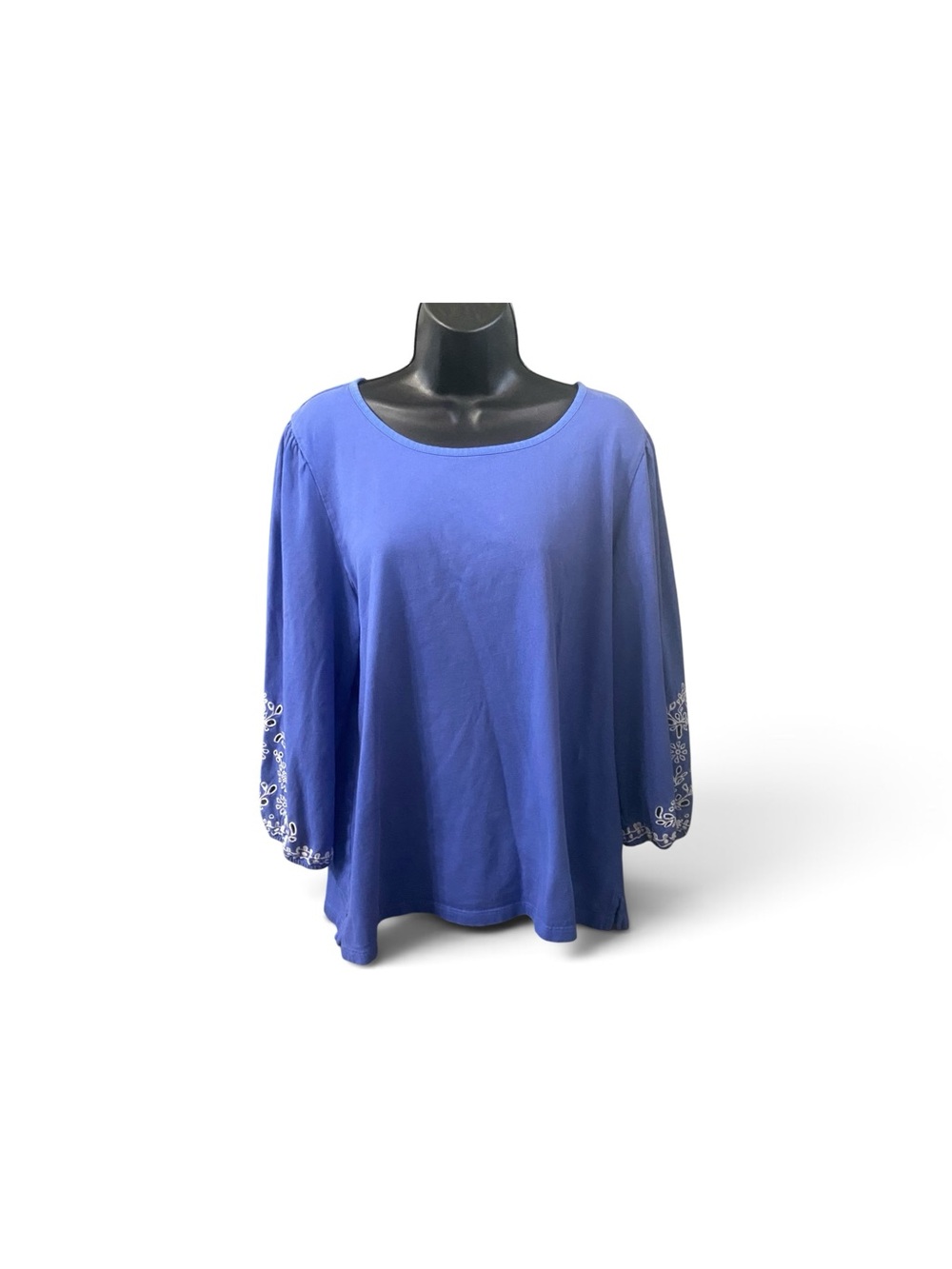Talbots Blue Embroidered Sleeve 100% Cotton Tunic Top Womens XLarge Boat Neck